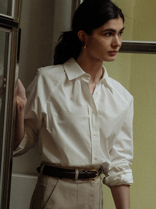 [TILLIDIE] Neck shirring A-line blouse_Ivory