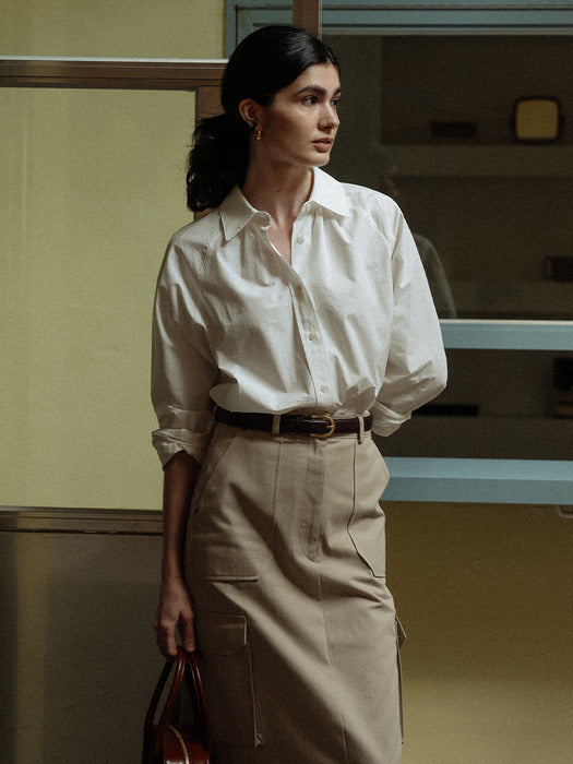 [TILLIDIE] Neck shirring A-line blouse_Ivory