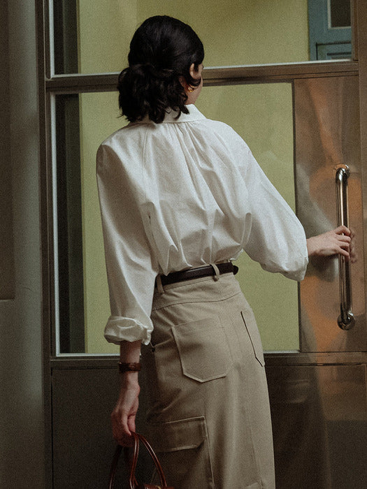 [TILLIDIE] Neck shirring A-line blouse_Ivory