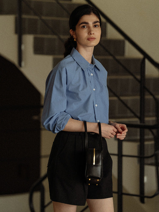 [TILLIDIE] Neck shirring A-line blouse(Blue)