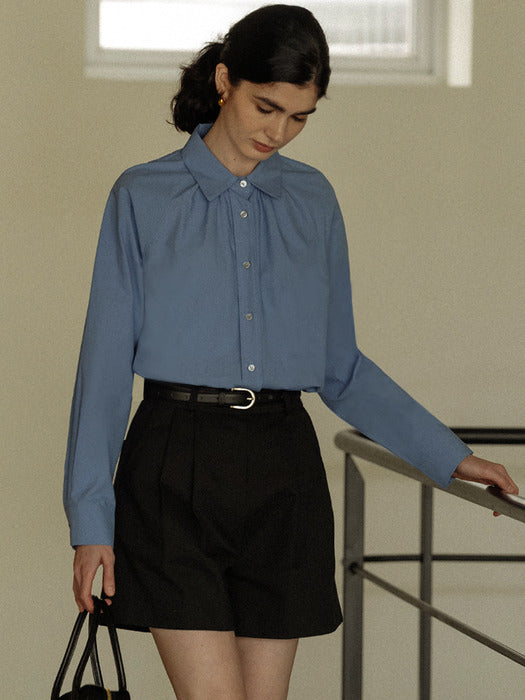 [TILLIDIE] Neck shirring A-line blouse(Blue)