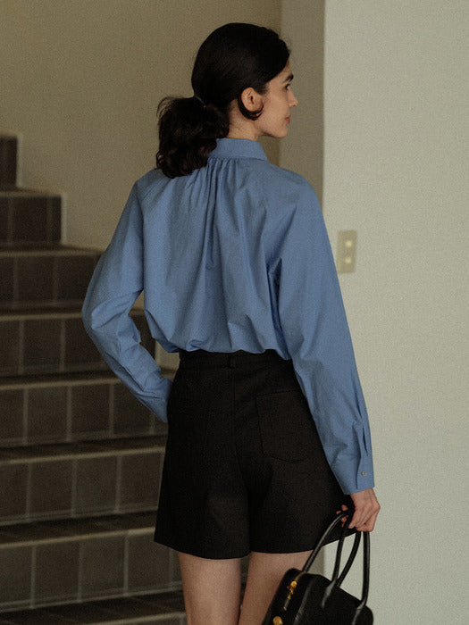 [TILLIDIE] Neck shirring A-line blouse(Blue)