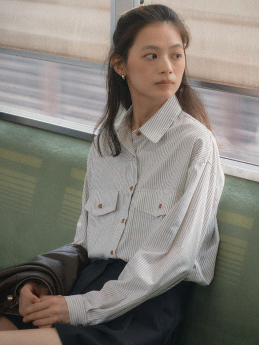 [TILLIDIE] Stripe two pocket over shirt(Beige)