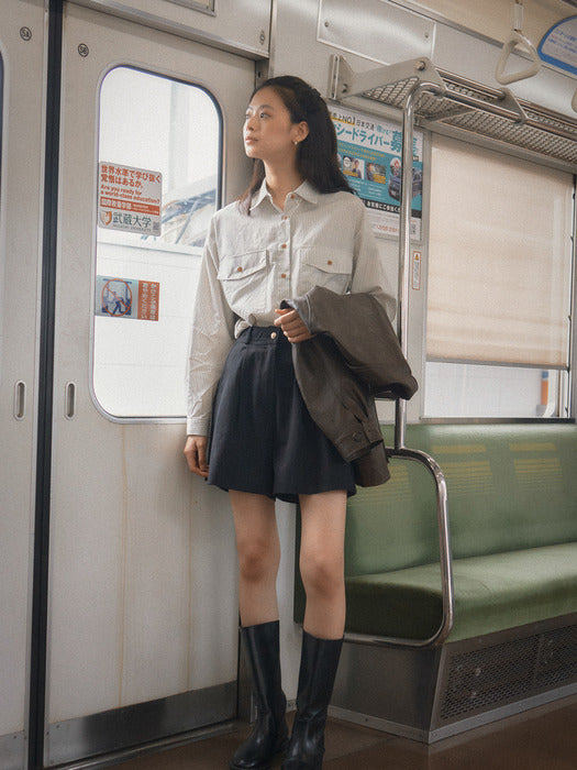 [TILLIDIE] Stripe two pocket over shirt(Beige)