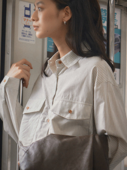 [TILLIDIE] Stripe two pocket over shirt(Beige)