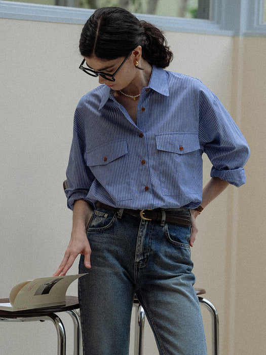 [TILLIDIE] Stripe two pocket over shirt_Blue