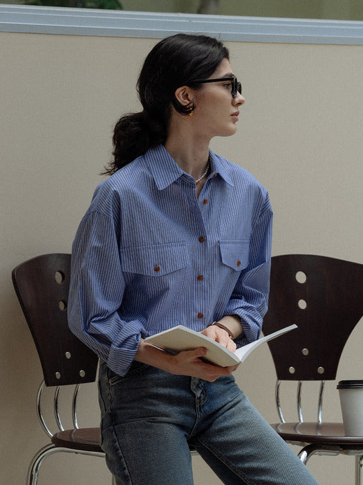 [TILLIDIE] Stripe two pocket over shirt_Blue