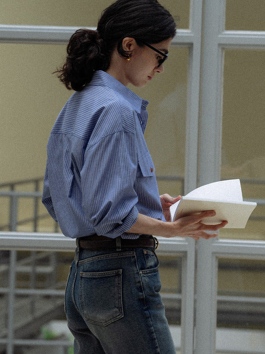 [TILLIDIE] Stripe two pocket over shirt_Blue