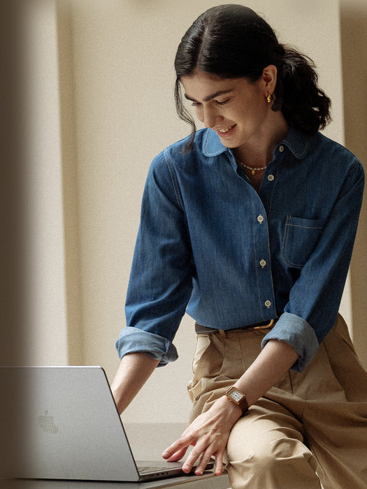 [TILLIDIE] Stitch round collar pocket shirt_Blue