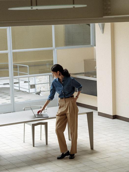 [TILLIDIE] Stitch round collar pocket shirt_Blue