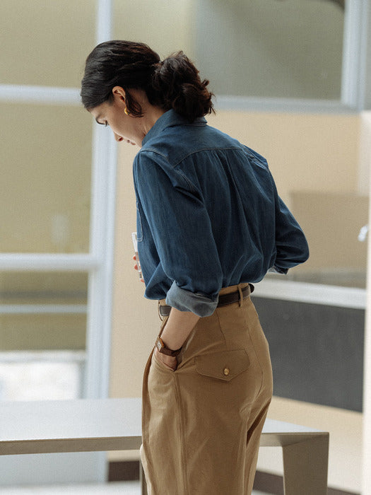 [TILLIDIE] Stitch round collar pocket shirt_Blue