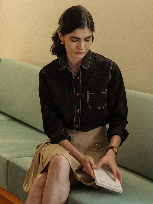 [TILLIDIE] Stitch round collar pocket shirt_Black