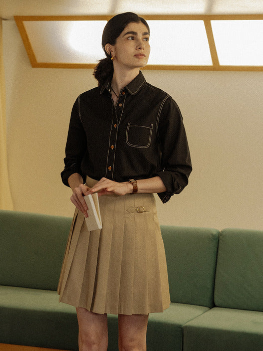 [TILLIDIE] Stitch round collar pocket shirt_Black