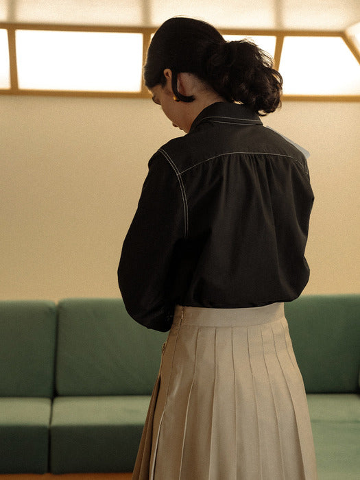 [TILLIDIE] Stitch round collar pocket shirt_Black