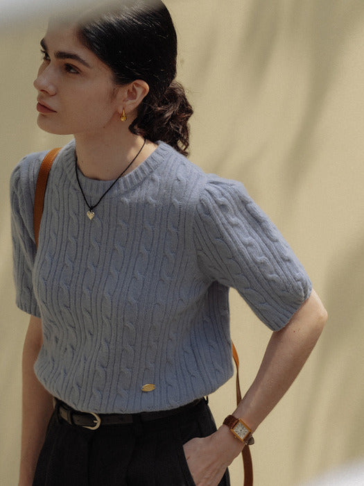 [TILLIDIE] Raccoon shirring cable knit_Blue