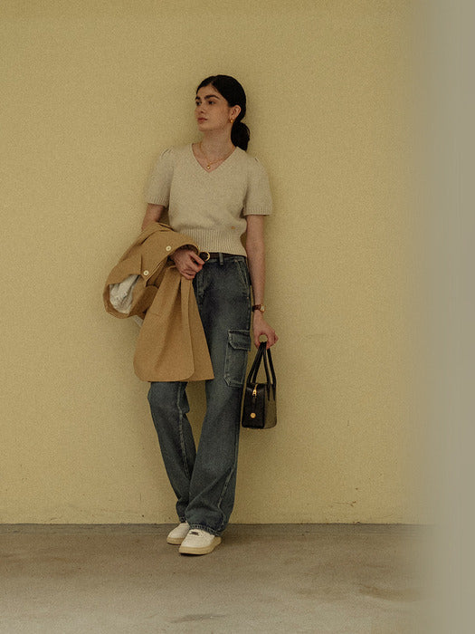 [TILLIDIE] Raccoon V-neck knit top_Oatmeal