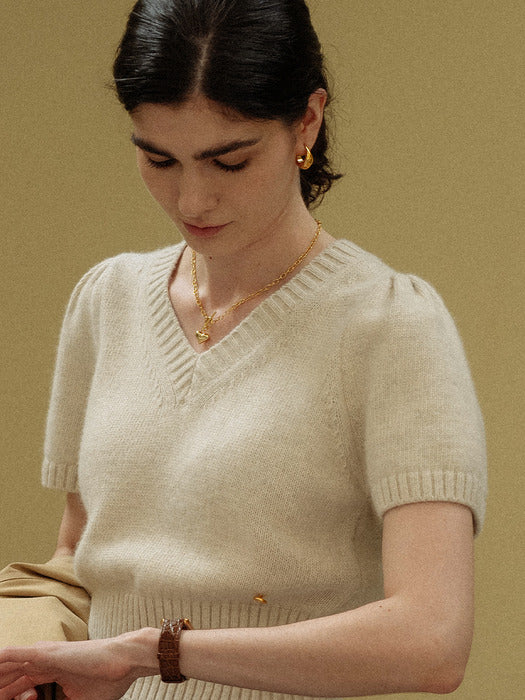 [TILLIDIE] Raccoon V-neck knit top_Oatmeal