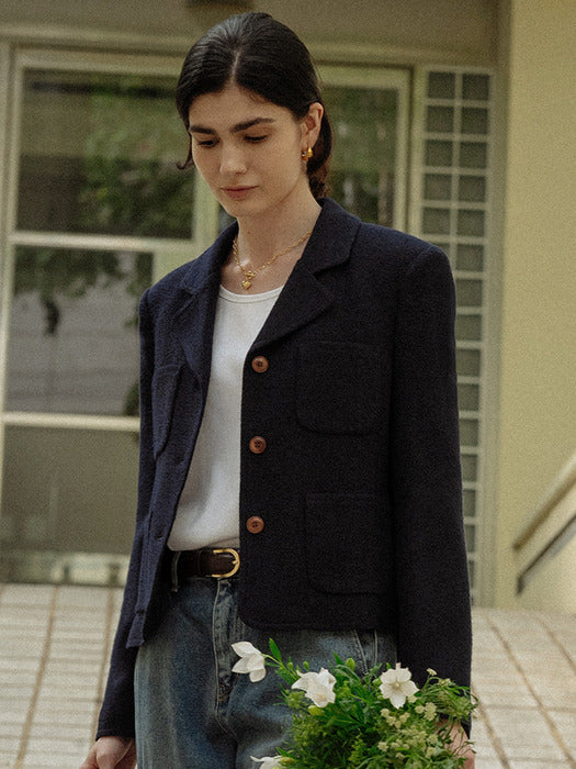 [TILLIDIE] Classic double stitch tweed jacket_Navy