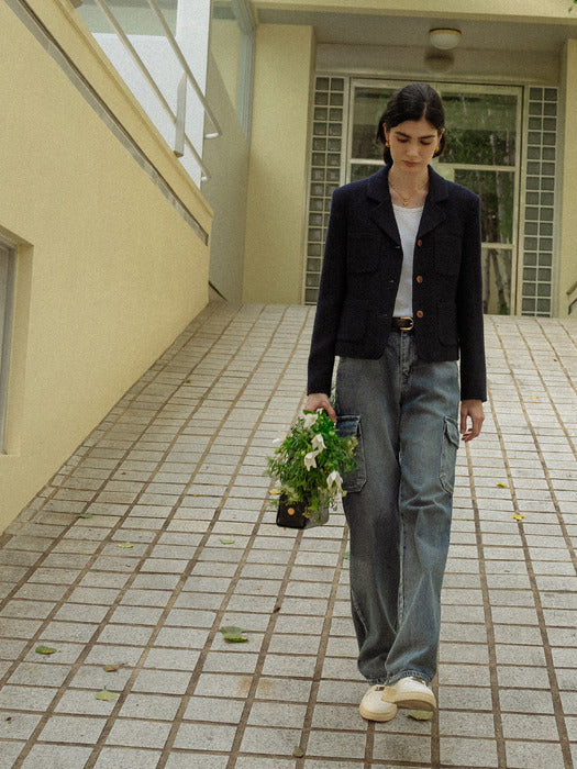 [TILLIDIE] Classic double stitch tweed jacket_Navy