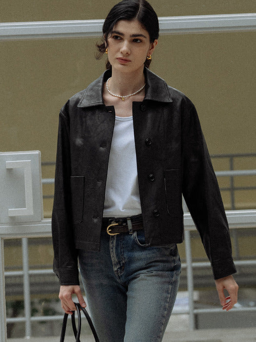 [TILLIDIE] Eco leather short jacket_Black