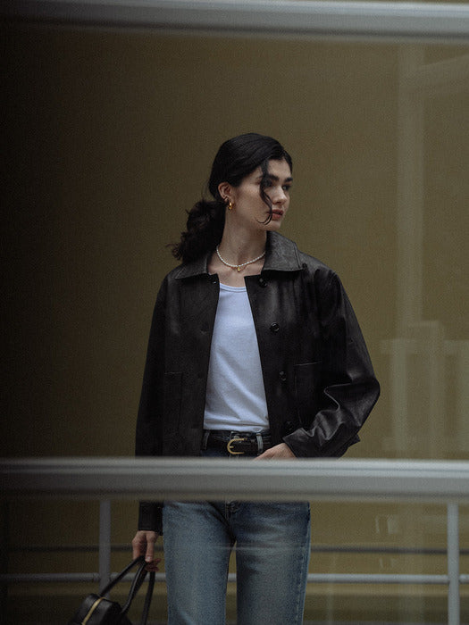 [TILLIDIE] Eco leather short jacket_Black