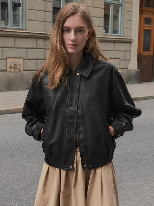 [TILLIDIE] Natural crack leather blouson_Brown