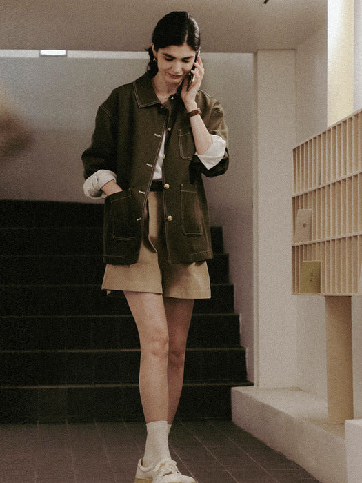[TILLIDIE] Denim stitch point work jacket(Khaki)
