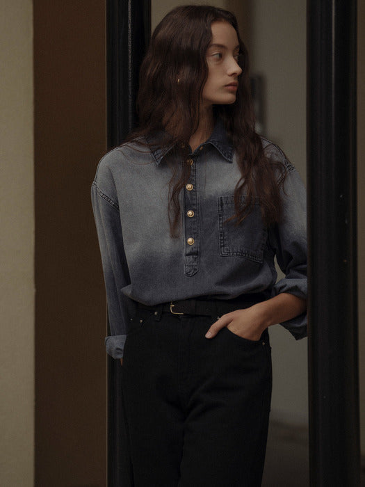 [TILLIDIE] Anorak washing denim collar shirt(Black)