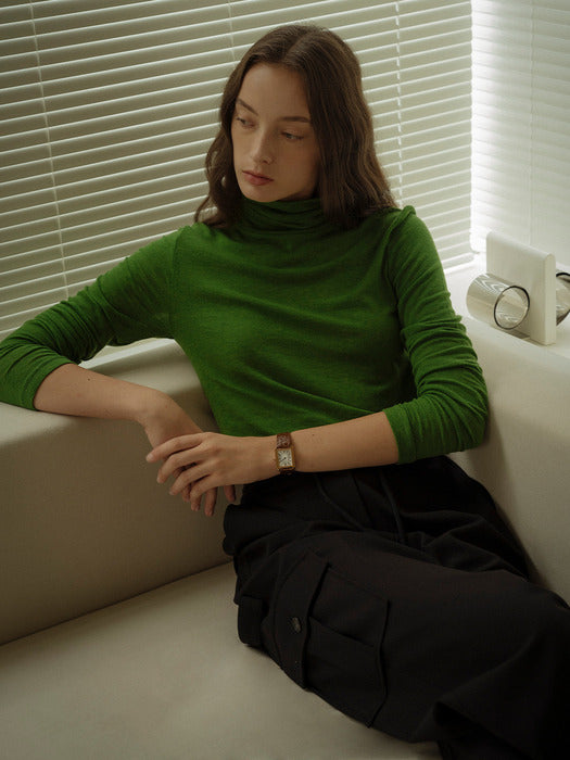 [TILLIDIE] Tencel wool blended sheer turtle neck(Green)