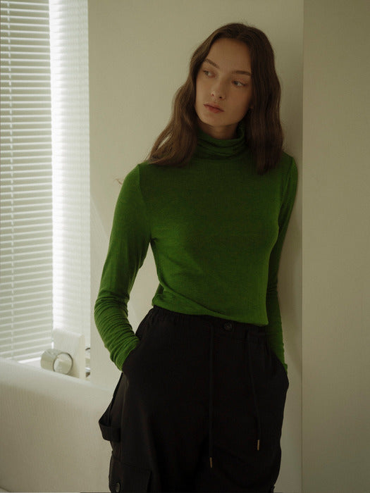 [TILLIDIE] Tencel wool blended sheer turtle neck(Green)