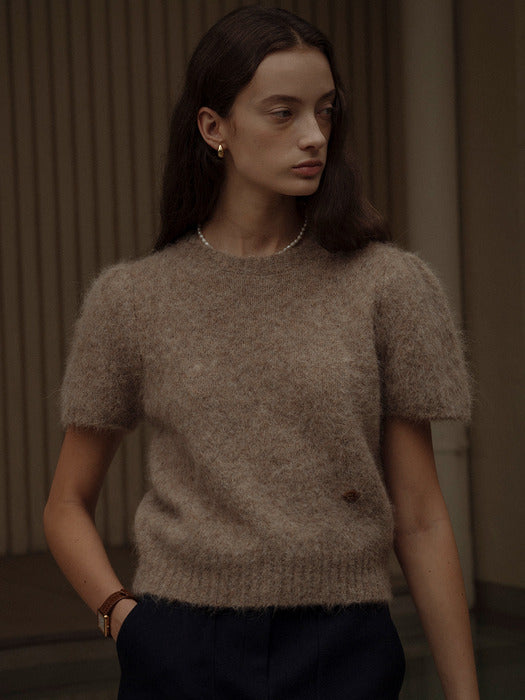 Tillidie Alpaca shirring round neck knit Beige