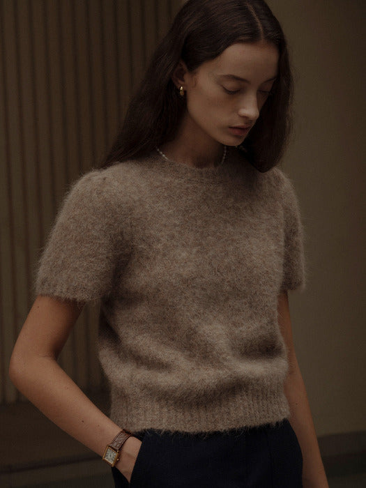 Tillidie Alpaca shirring round neck knit Beige