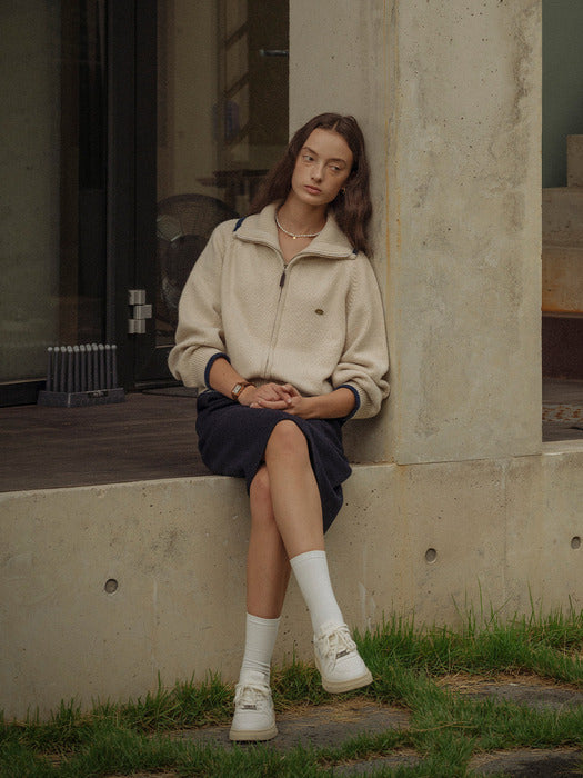 [TILLIDIE] Wide collar wool zip-up knit_Beige