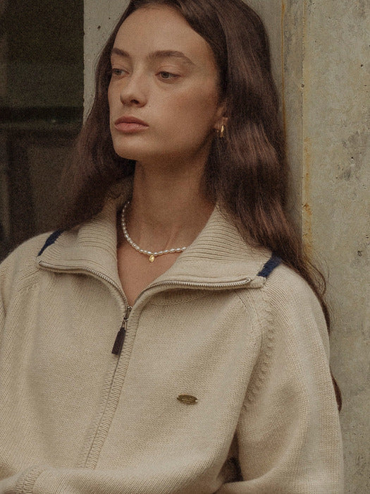 [TILLIDIE] Wide collar wool zip-up knit_Beige