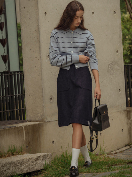 [TILLIDIE] Extra fine wool stripe collar knit(Skyblue)