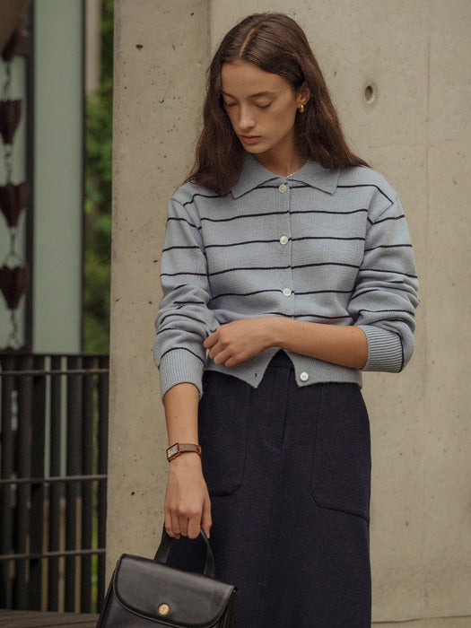 [TILLIDIE] Extra fine wool stripe collar knit(Skyblue)