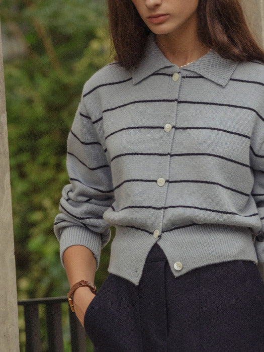 [TILLIDIE] Extra fine wool stripe collar knit(Skyblue)