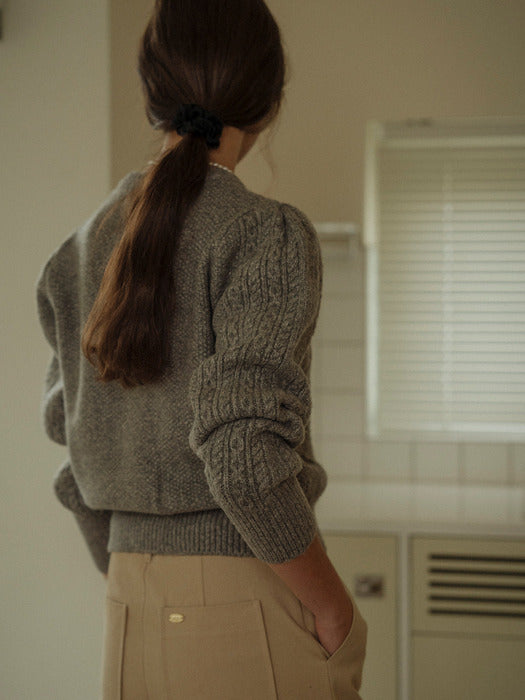 [TILLIDIE] Paisley puff cable round-neck cardigan_Gray