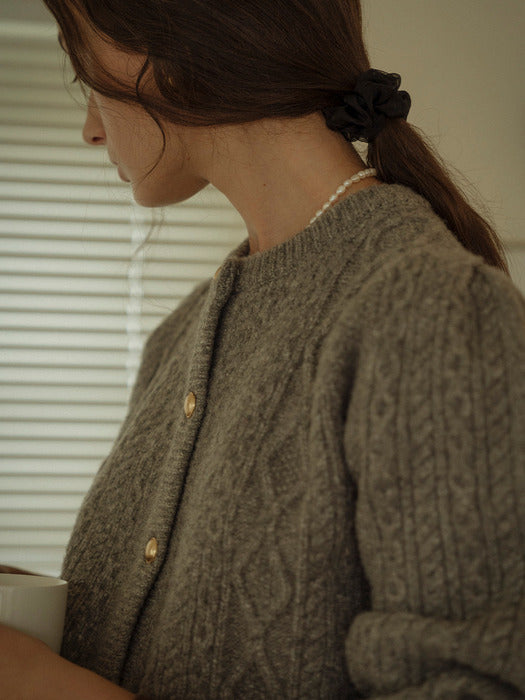 [TILLIDIE] Paisley puff cable round-neck cardigan_Gray