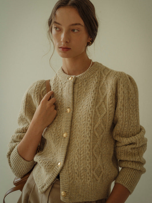 [tillidie] Paisley puff cable round-neck cardigan_3color