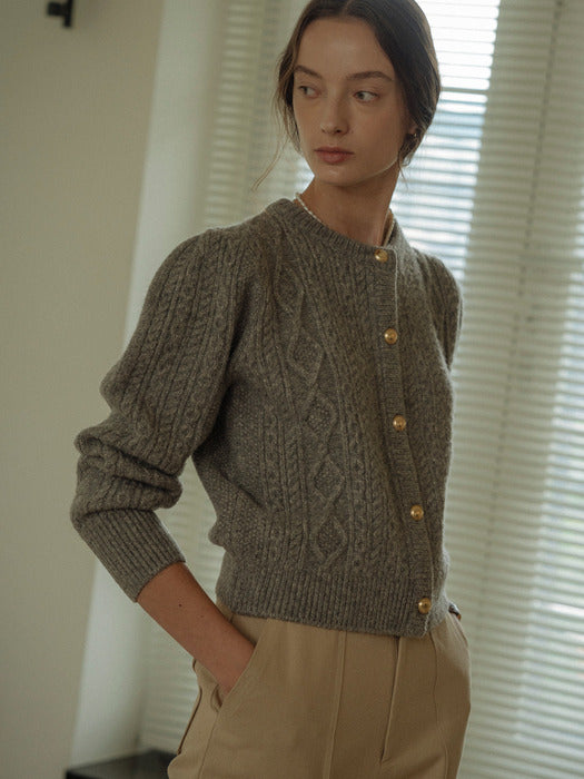 [TILLIDIE] Paisley puff cable round-neck cardigan_3color