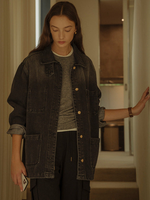 [TILLIDIE] Oversized washing denim trucker jacket_Black