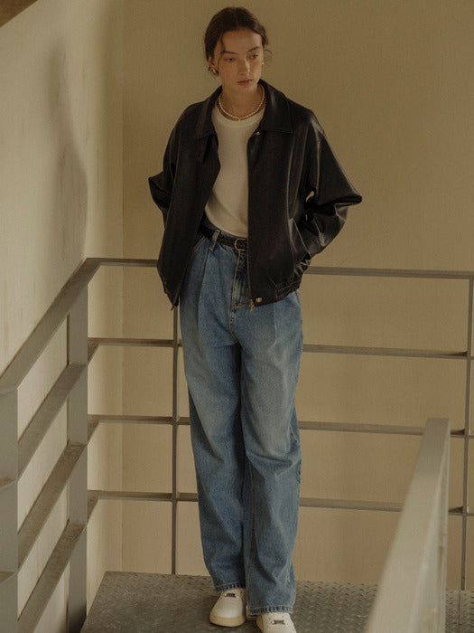 [TILLIDIE] Gold button point leather blouson(Black)