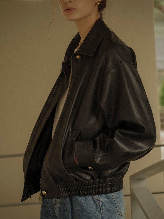 [TILLIDIE] Gold button point leather blouson(Black)