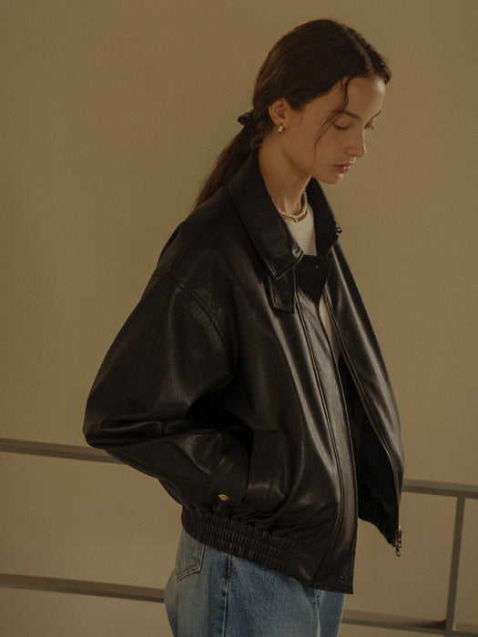 [TILLIDIE] Gold button point leather blouson(Black)