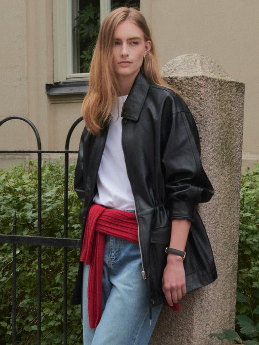 [TILLIDIE] String belt natural leather jacket_Black