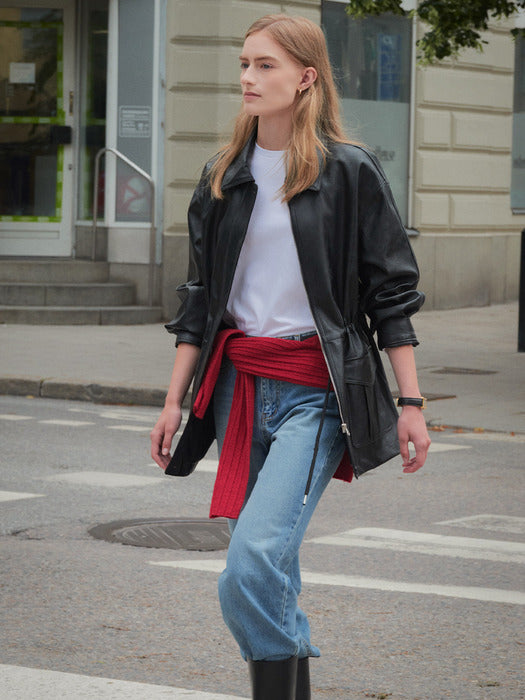 [TILLIDIE] String belt natural leather jacket_Black