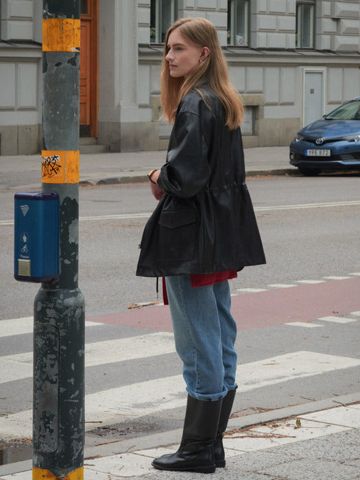 [TILLIDIE] String belt natural leather jacket_Black