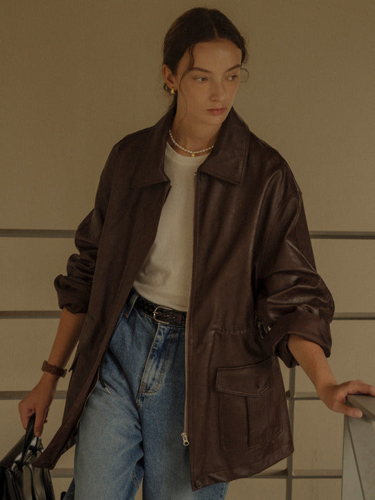 [TILLIDIE] String belt natural leather jacket_Brown