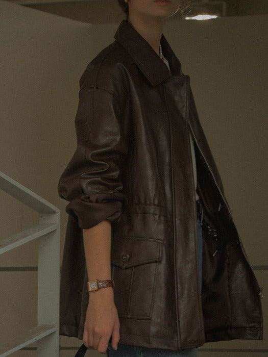 [TILLIDIE] String belt natural leather jacket_Brown